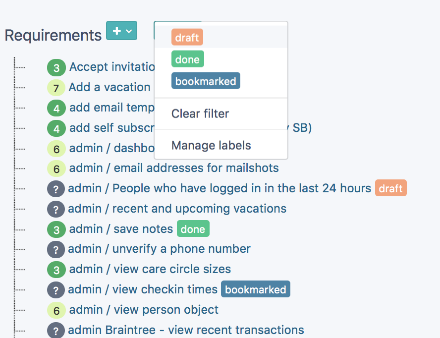 Requirements analysis - tagging and filtering screenshot
