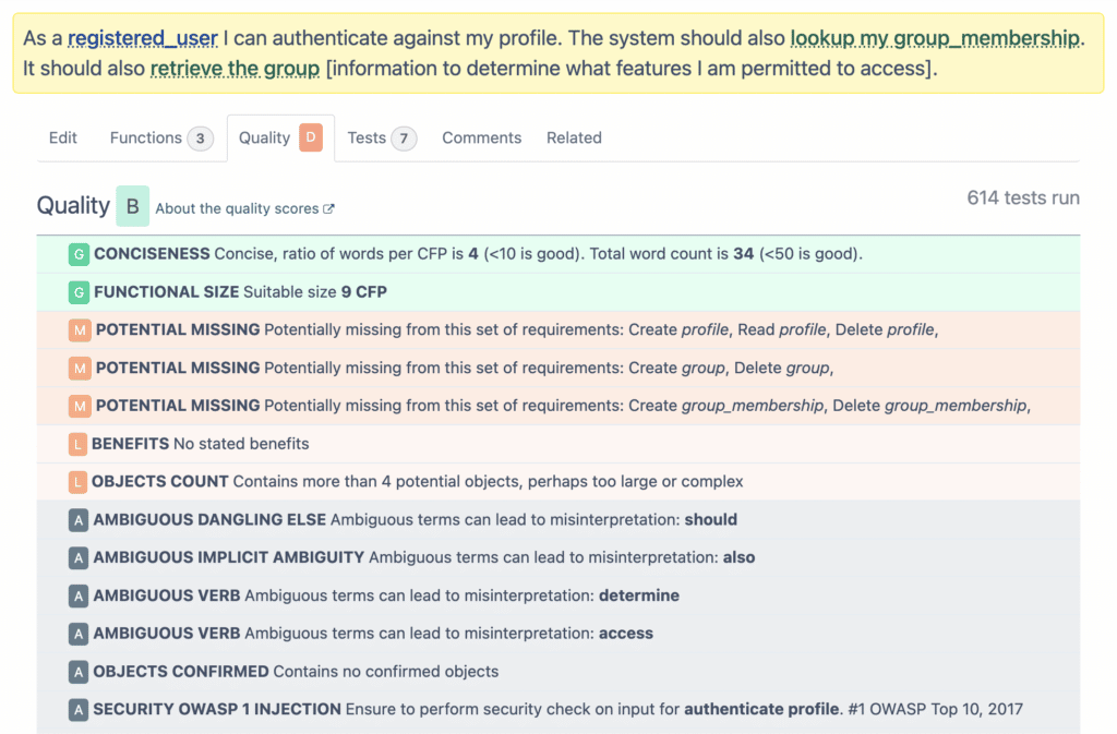 Résultats des tests de la user story de connexion