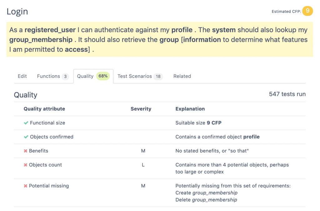 Example User Stories - analysed and tested.