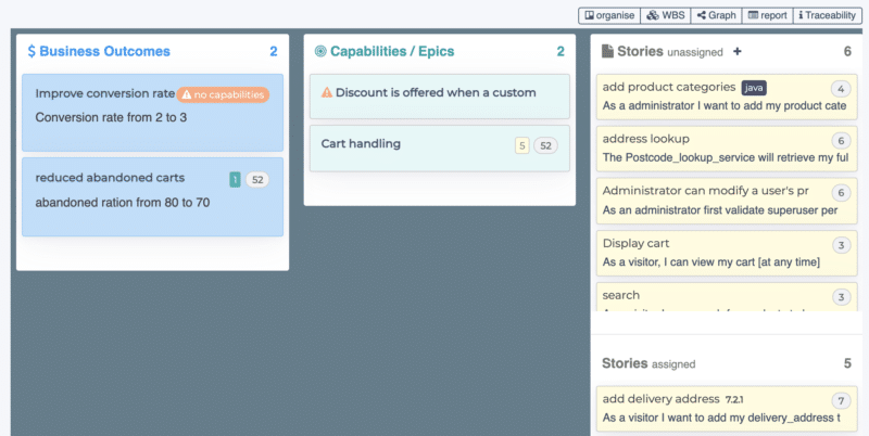 Tracing the value of user stories from through capabilities to business outcomes via drag and drop 