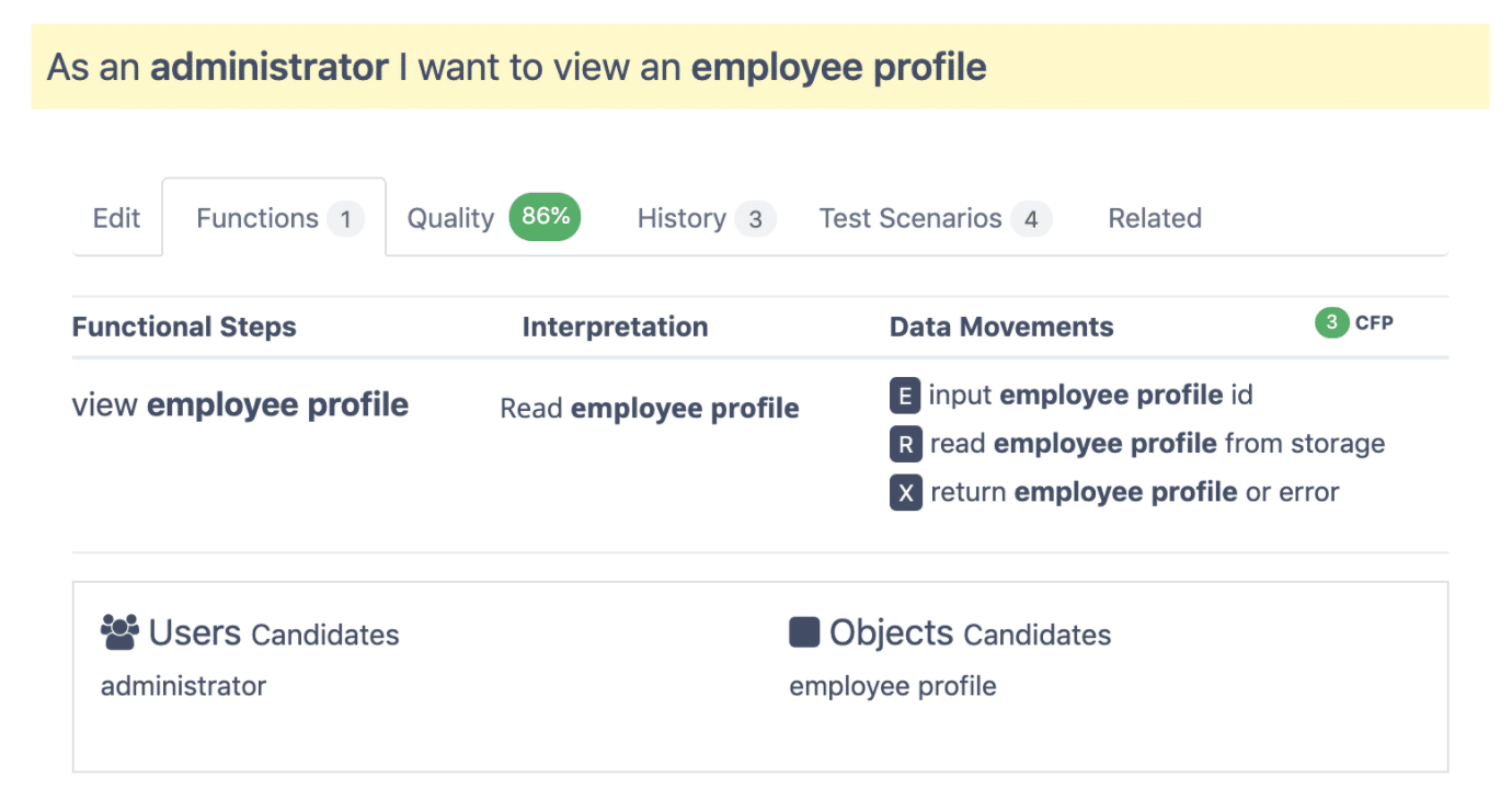 ScopeMaster identifie automatiquement les utilisateurs (qui), les objets (quoi), l'intention fonctionnelle et la taille fonctionnelle de chaque user story, éliminant ainsi tout risque d'interprétation erronée.