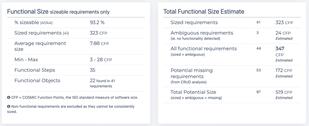Detailed Sizing Analysis function points information generated by ScopeMaster®