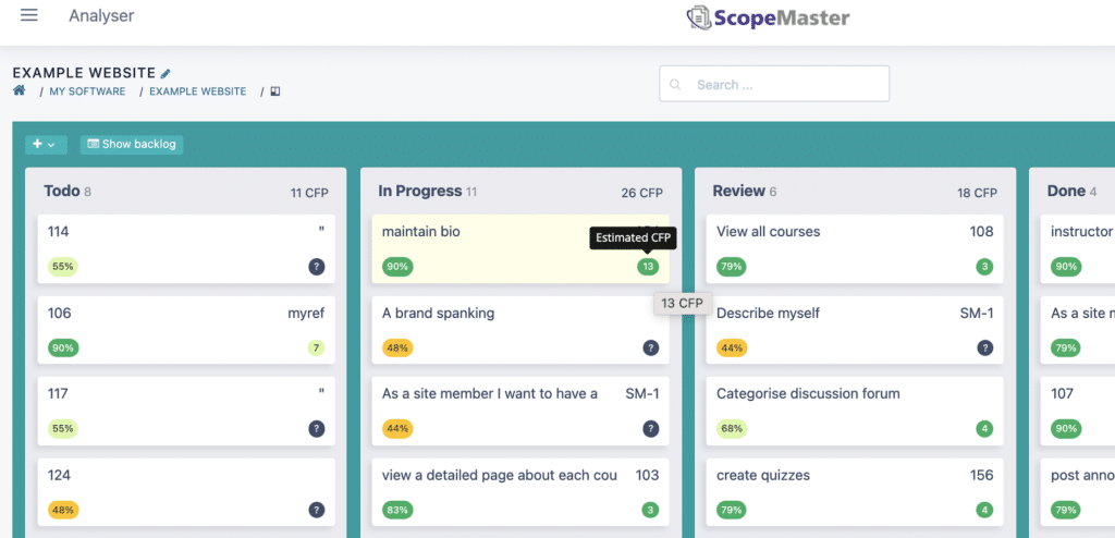 New - Kanban with ScopeMaster shows Quality and Size of user stories before you work on them