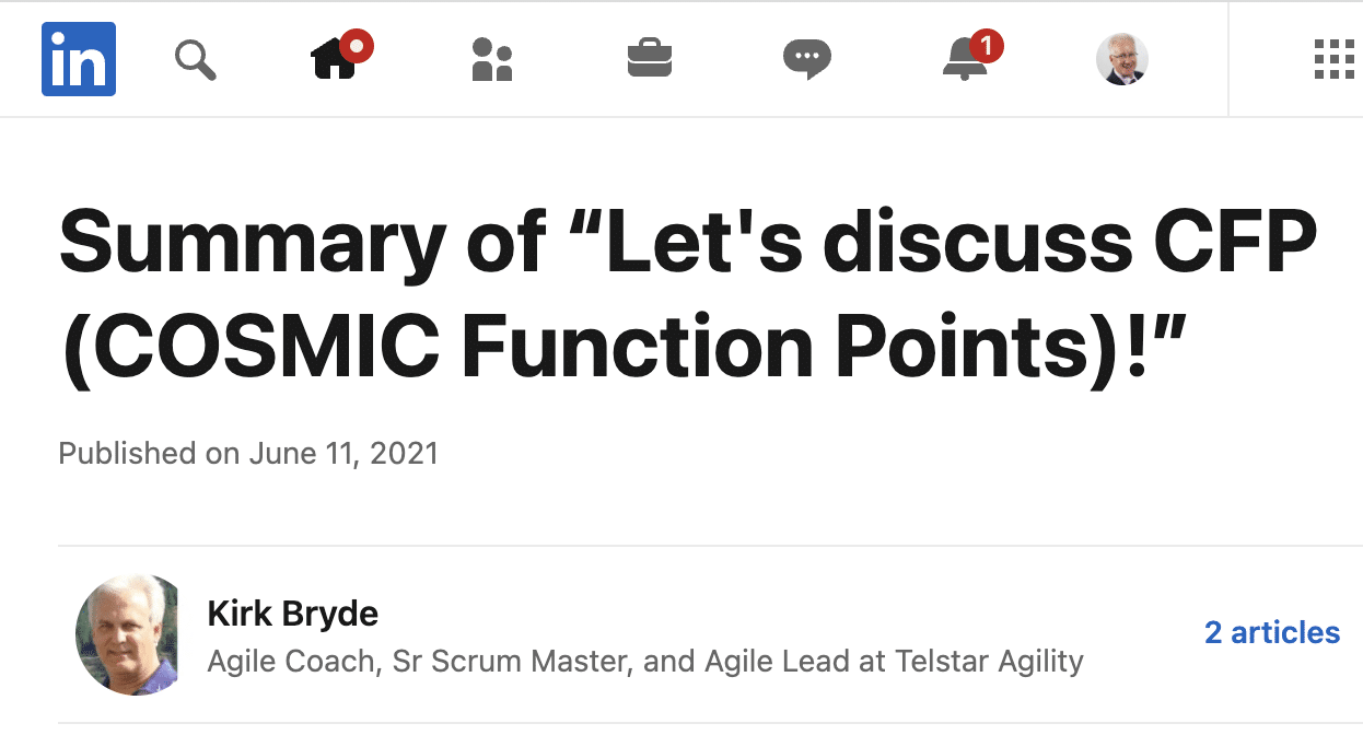 Linked in Review of COSMIC Function Points by Kirk Bryde