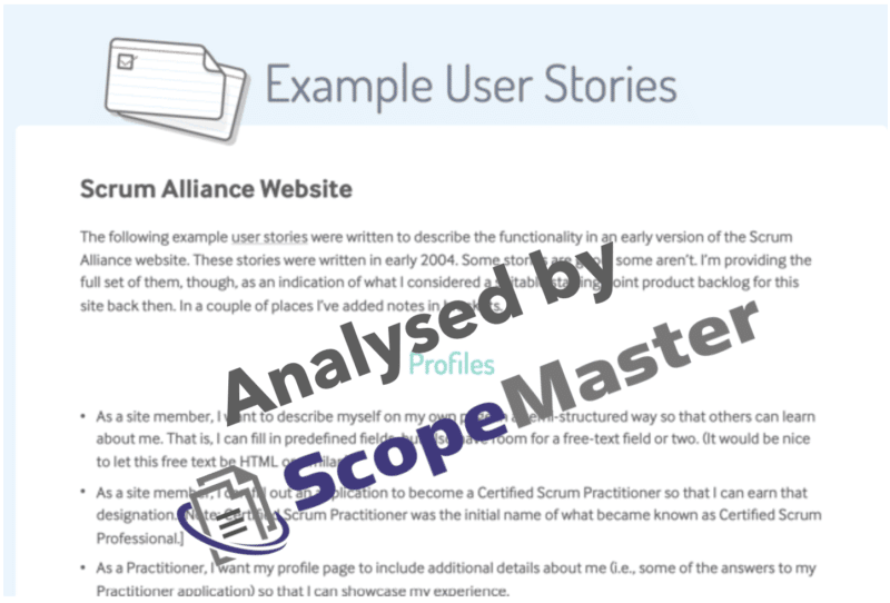 Exemplos de histórias de usuários - analisadas pelo ScopeMaster