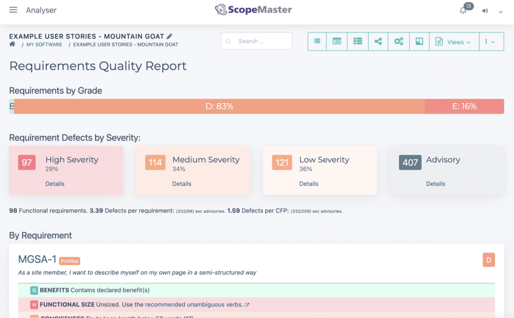 Exemples d'histoires d'utilisateurs de Mike Cohn analysées et testées par ScopeMaster - capture d'écran