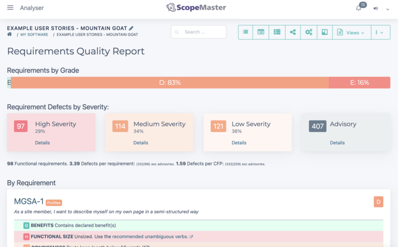 Mike Cohn's Example user stories analysed and tested by ScopeMaster - screenshot