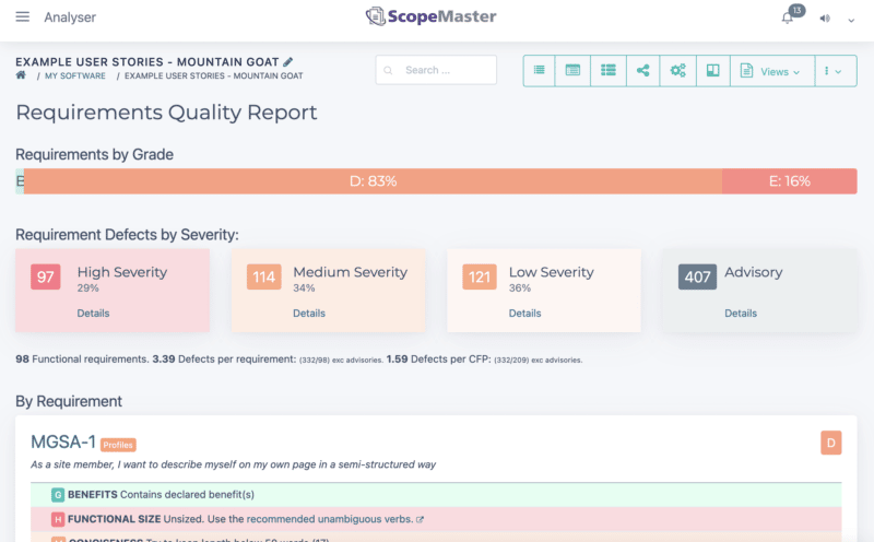 Mike Cohns Beispiel-User-Stories, analysiert und getestet von ScopeMaster – Screenshot