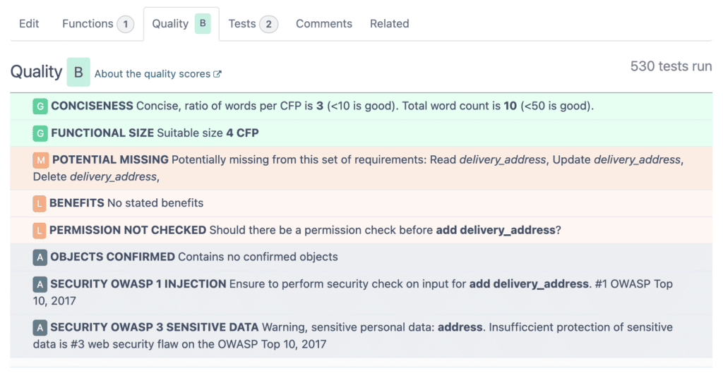 tests d'exigences, recommandations et score de qualité par ScopeMaster®