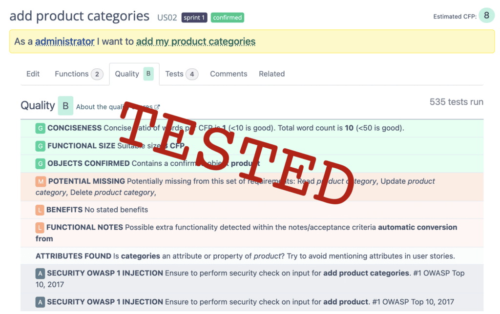 Screenshot of a tested user story User story quality assurance by ScopeMaster