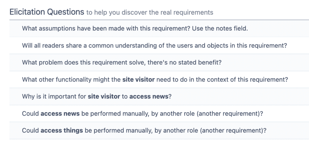 Suggested Elicitation questions Users are identified against each functional phrase.