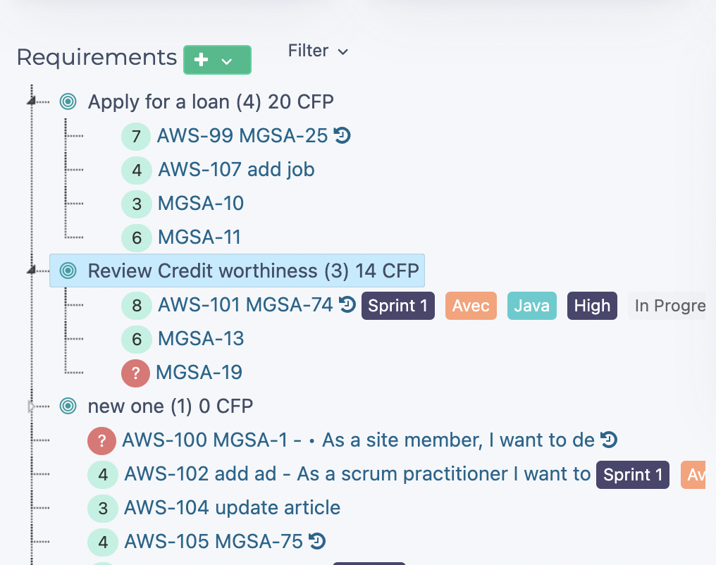 Captura de pantalla de las epopeyas de la jerarquía de requisitos para las historias de usuarios.