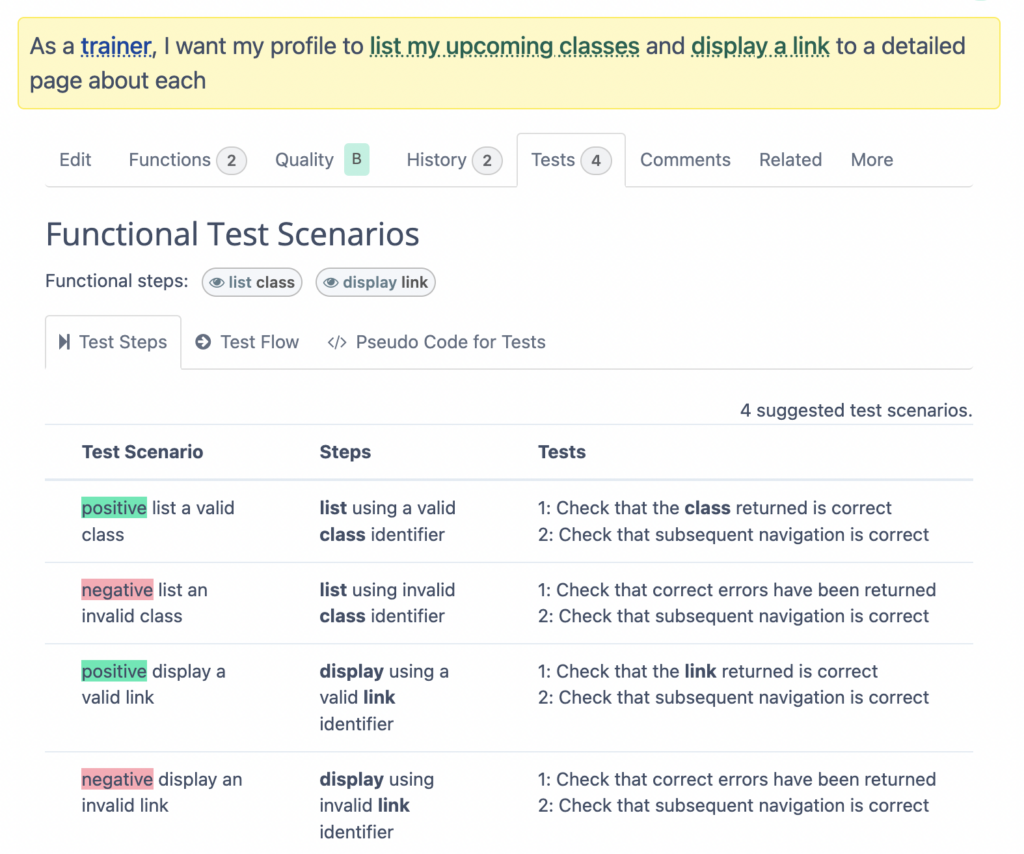 Capture d'écran des scénarios de test générés automatiquement sous forme de liste
