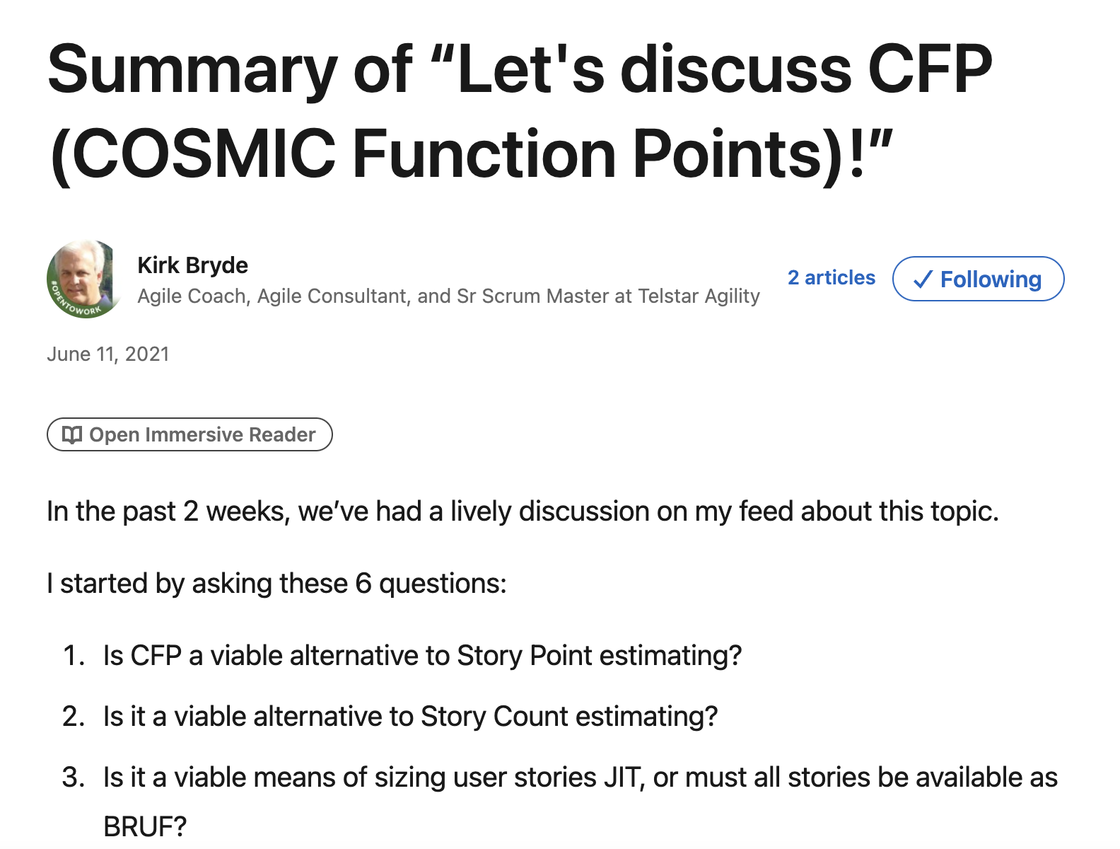 Resumo dos pontos de função COSMIC e ScopeMaster por Kirk Bryde no LinkedIn