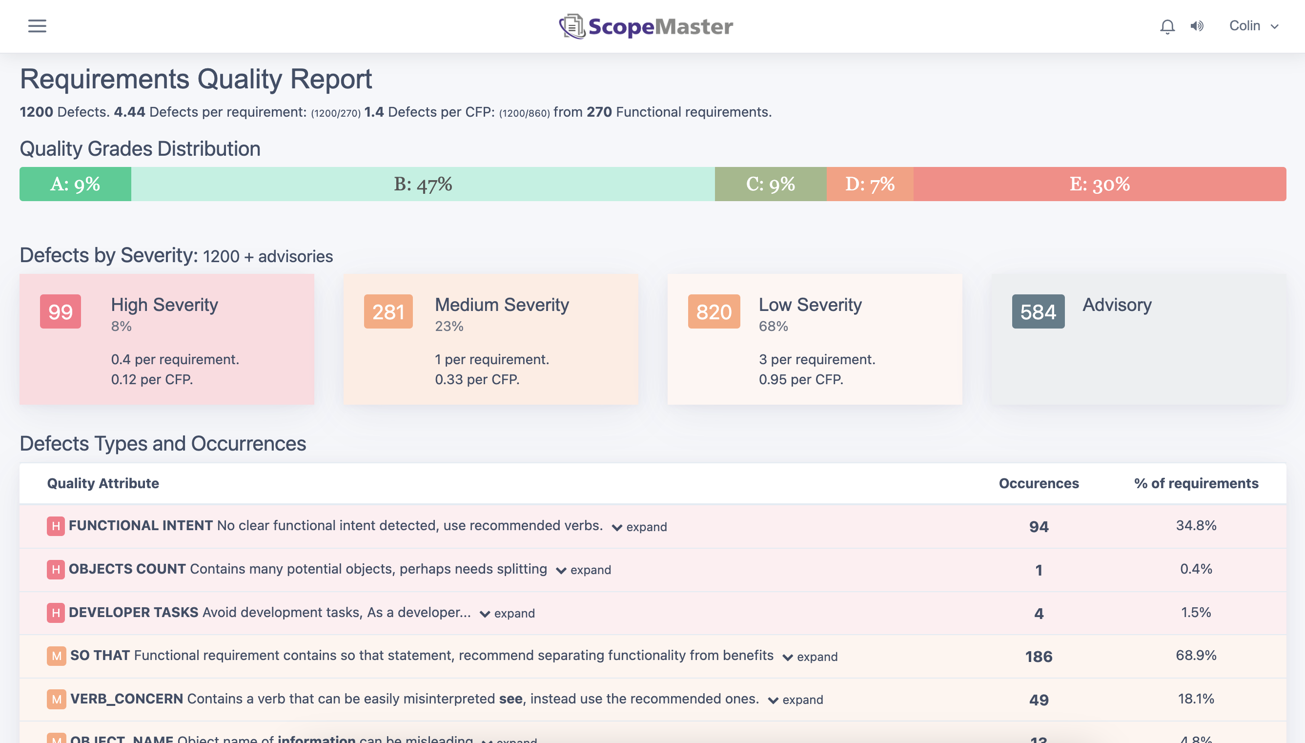 Rapport de qualité améliorée ScopeMaster, capture d'écran